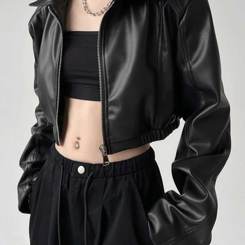 Y2k Women's Clothing Retro Long Sleeves Turn-down Collar Leather Jacket Coat Spring Autumn Sweet Cool Girl Jacket Short Top
