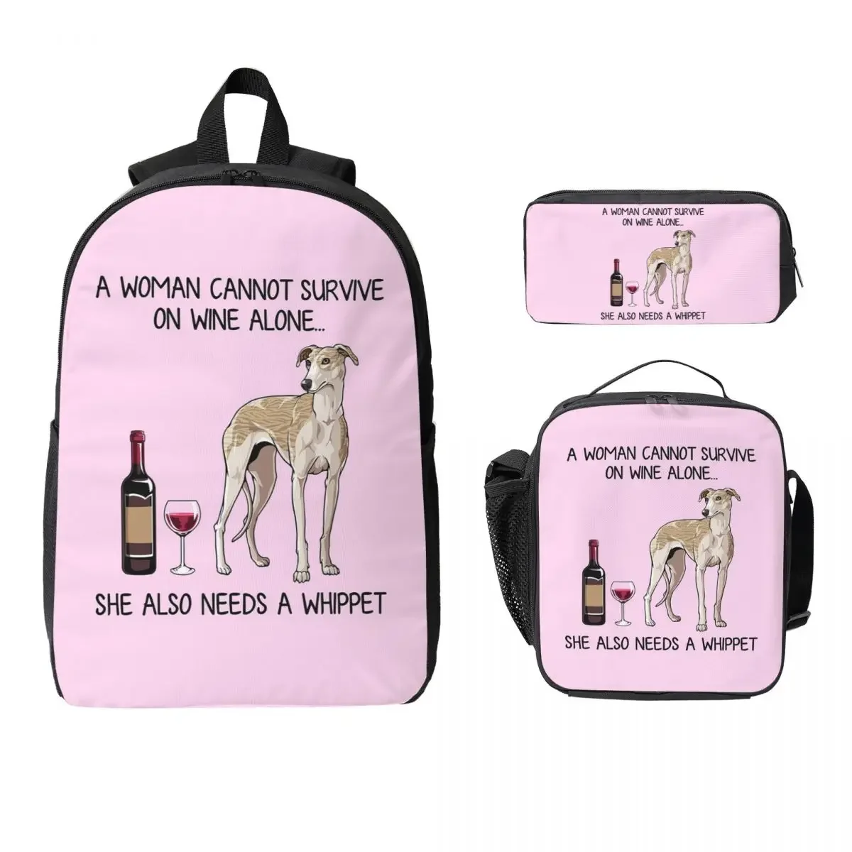 Whippet Dog And Wine For Dog Mom Backpack Student BookBag School Bag Computer Shoulder Bags 3ps Insulated Lunch Bag Pencil Case