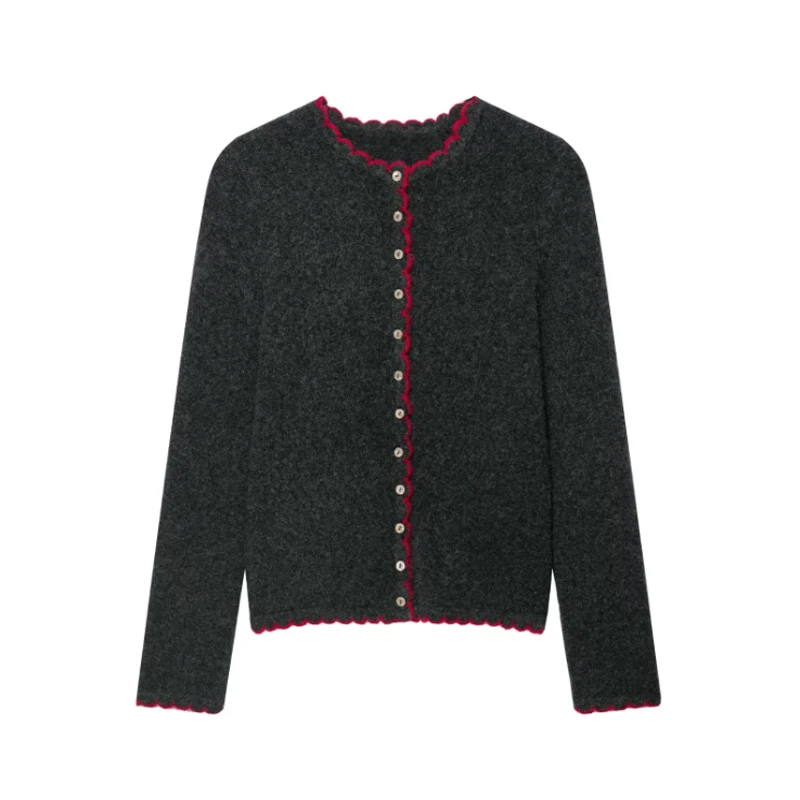 Round Collar Single-breasted Knitted Cardigan Full Sleeve Contrast Piping Knit Caot 2026 Women Autumn Winter New Casual Knits