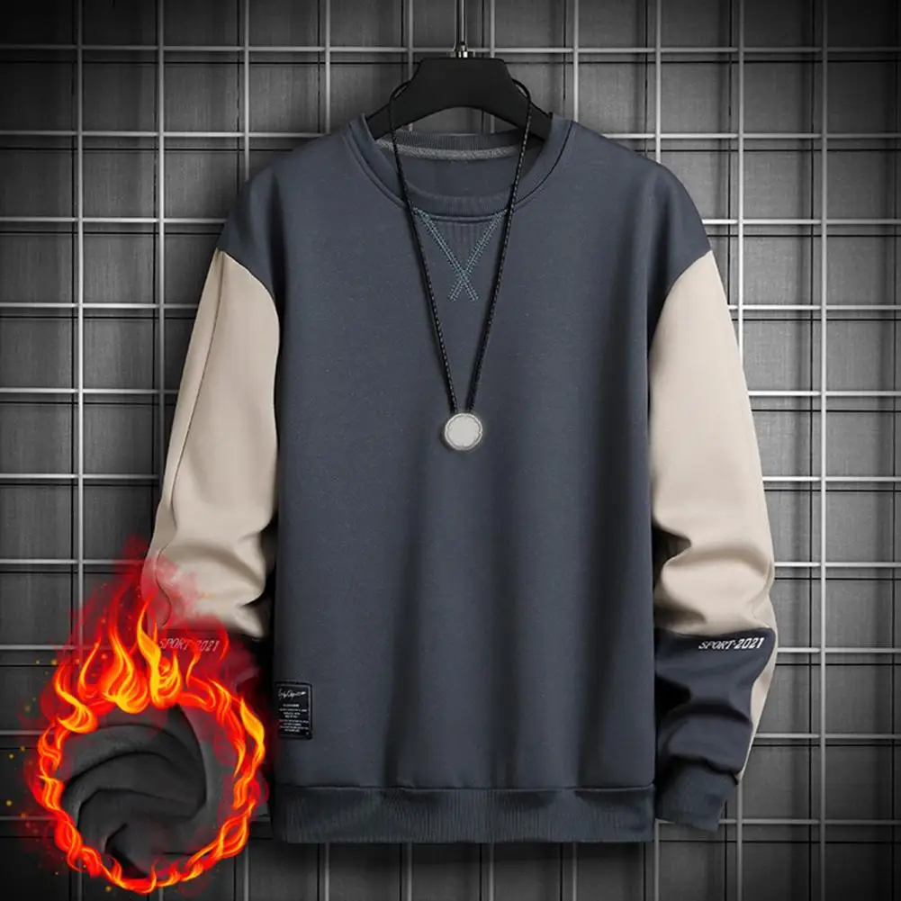 Fashion Men Sweatshirt Colorblock Padded Pullover Round Neck Thickened Sweatshirts Long Sleeve Top Men's Clothing