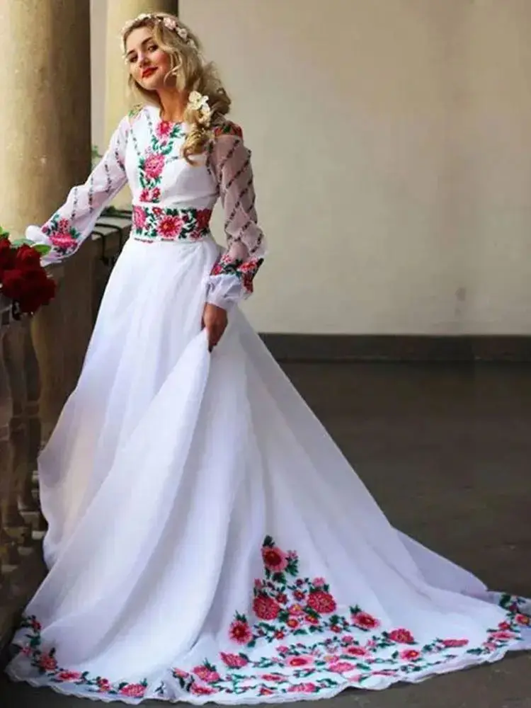 Vintage A Line Evening Dresses Long Sleeves White with Red Flower Prom Gowns Mexicano Wedding Party Formal Occasion Gala Robe