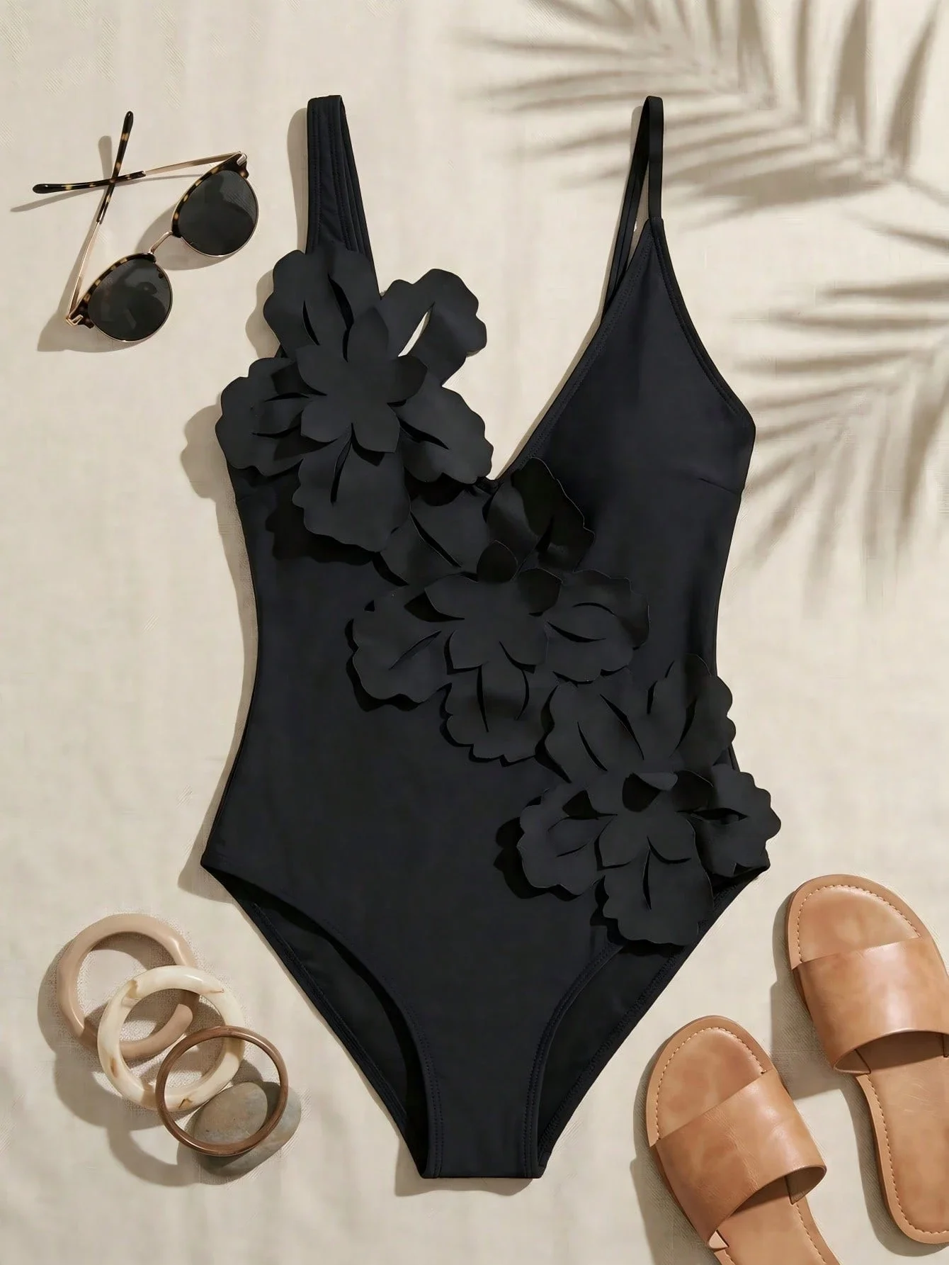 Women One Piece Swimsuit With 3D Floral Decoration Solid Black Beach Vacation Swimwear