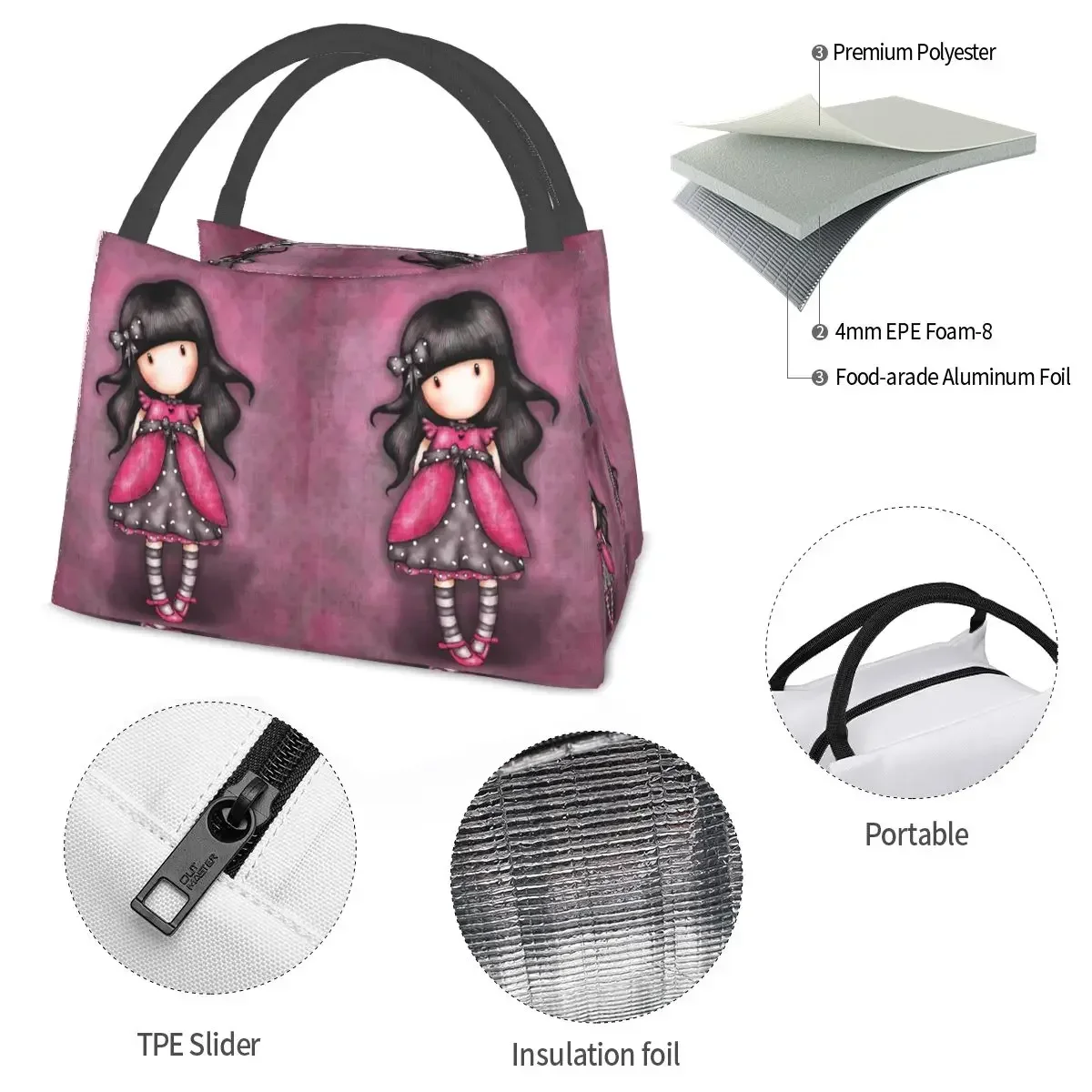 Santoro Gorjuss Lunch Bags Insulated Bento Box Portable Lunch Tote Picnic Bags Cooler Thermal Bag for Woman Girl School