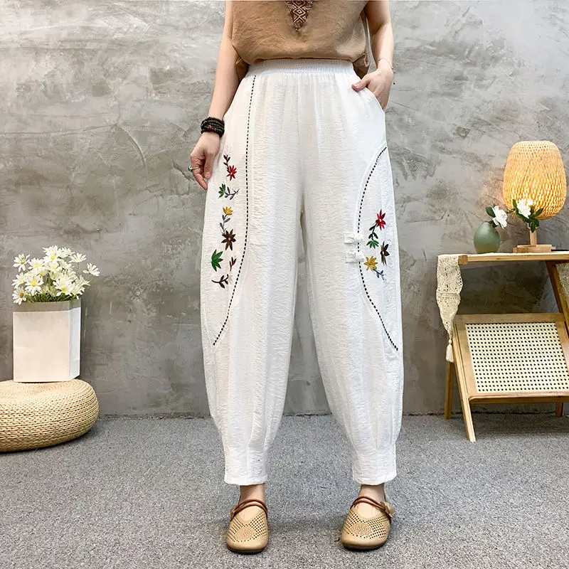 Sommer Ethnischen Stil Bestickt Frauen Baumwolle Leinen Laterne Hosen Lose Abnehmen Harem