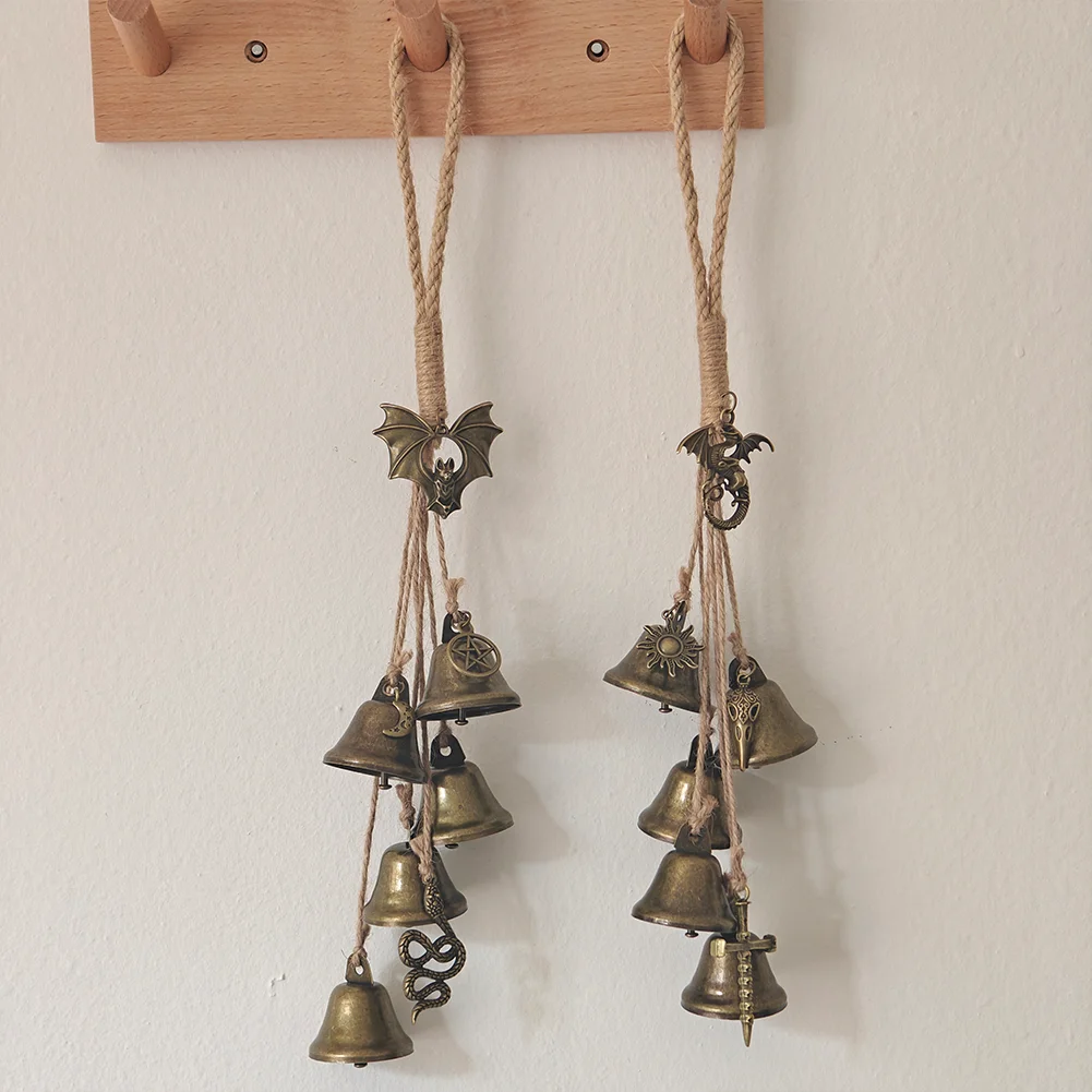 Vintage Witch Bells for Door Hanging Gothic Zinc Alloy Wind Chime with Bat Dragon Pentagram Sun Charms Negative Energy Cleansing
