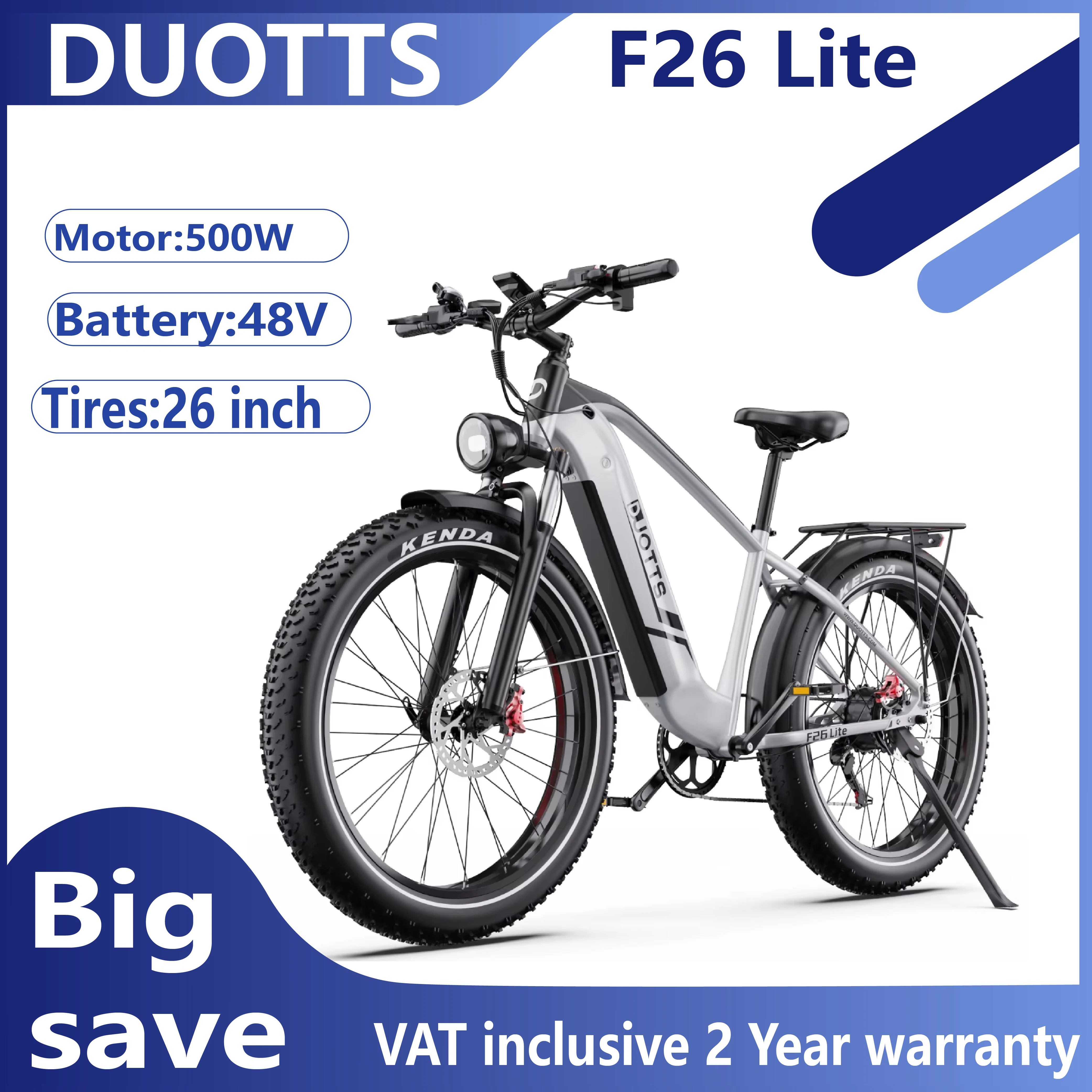 Vélo électrique DUOTTS F26 Lite pratique, moteur 500W, batterie 48V 18Ah, pneus 26 pouces, système de suspension hydraulique à fourche avant.