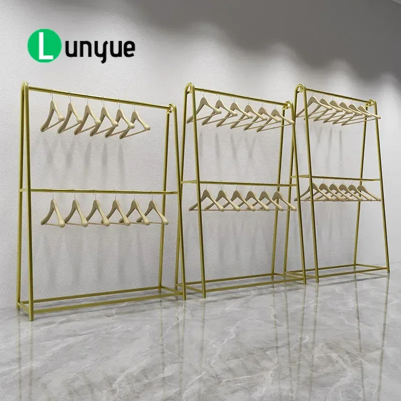 Gold Double Layer Clothing Display Rack Bold Floor to Ceiling Hanger for Women and Children Clothes Store Retail Shop Fixture