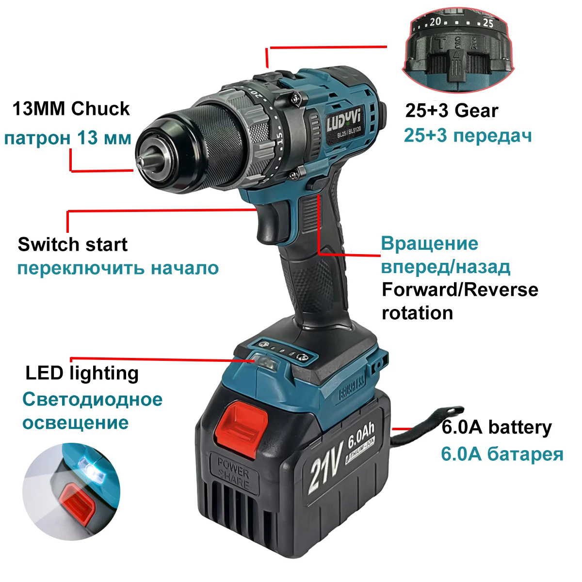 สว่านกระแทกไร้สาย21V 13มม. 120N/M 25 + 3แรงบิดไขควงไฟฟ้าไร้แปรงถ่านเครื่องมือไฟฟ้าสำหรับเจาะน้ำแข็งตกปลา