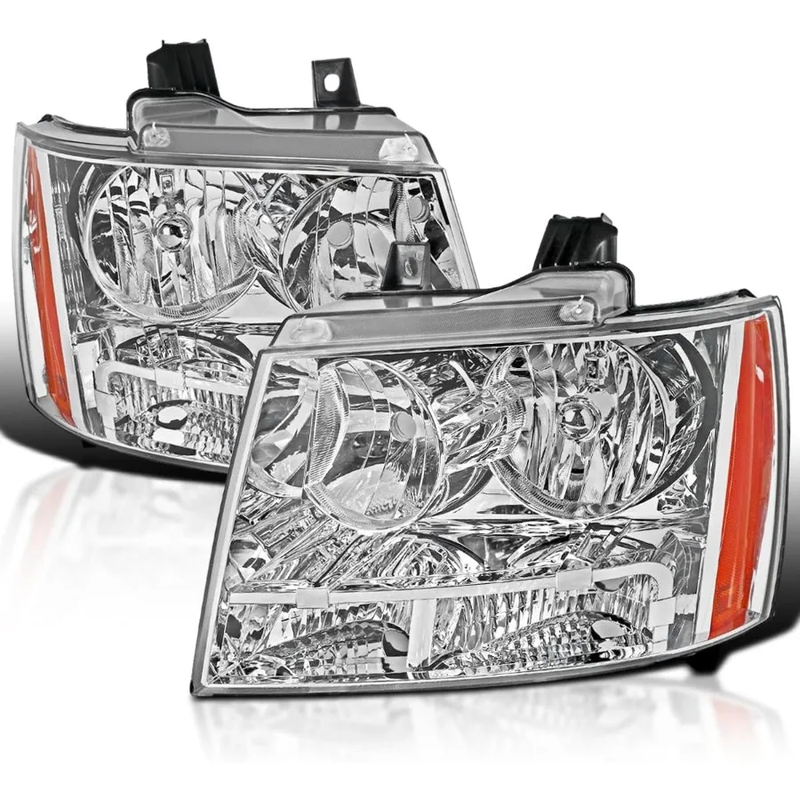 

Chrome Headlights Compatible with 2007-2014 Chevy Avalanche, 2007-2014 Tahoe Suburban, L+R Pair Head Light Lamp Assembly