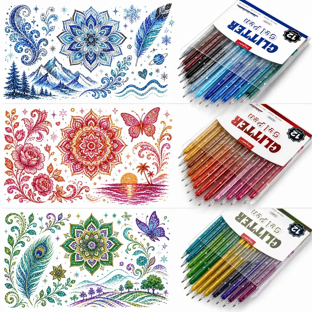 12 Colors Glitter Gel Pens, Vibrant Sparkly Shiny Glitter Ink Pens Smooth Writing for Note Taking,Card Making & DIY Art Crafts