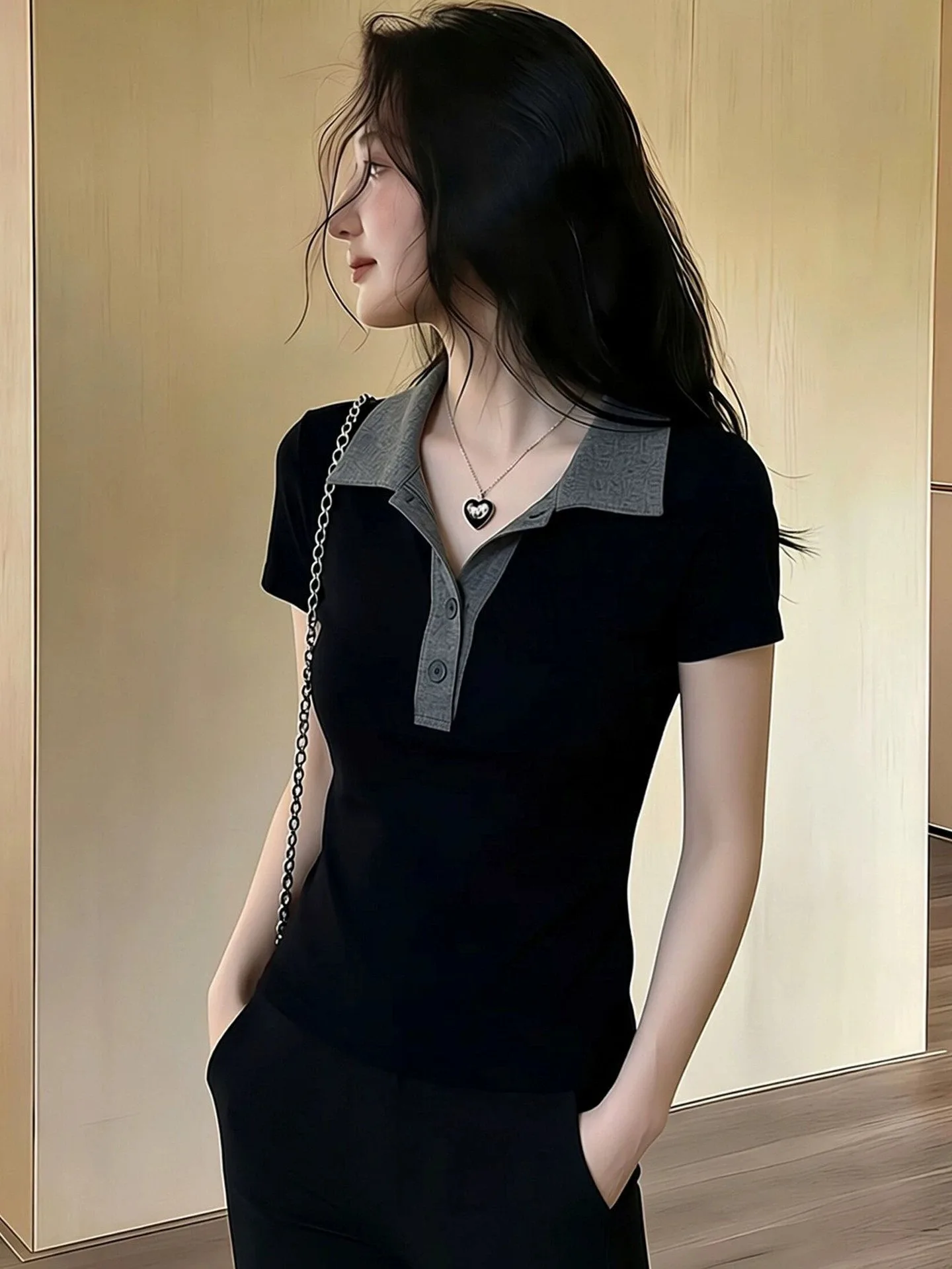Summer Women's Slim Fit  Shirt Short Sleeve 95 Cotton High Waist Flip Collar T-Shirt Big Size plus Size Fashion Casual Top