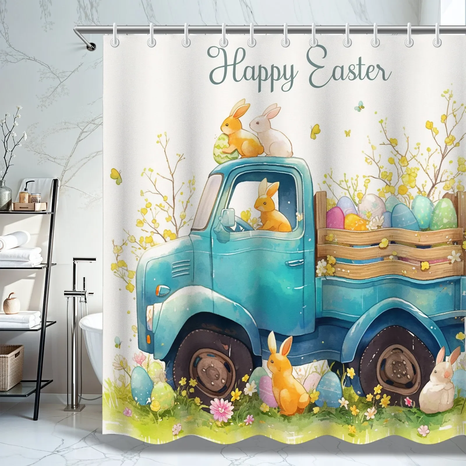 ~O~Happy Easter Shower Curtain - Colorful Flowers & Cute Rabbit, 71x71 Inch Polyester, 12 Hooks, Bright Bathroom Decor