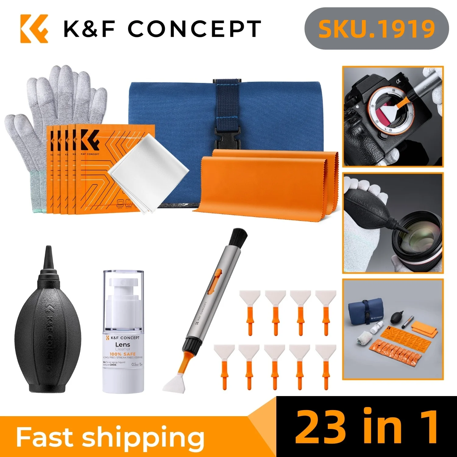 K&F CONCEPT 23 in 1 Camera Lens Cleaning Kit with Cleaning Swabs Lens Pen Sensor Cleaner Air Blower Cleaning Cloth Gloves Pouch