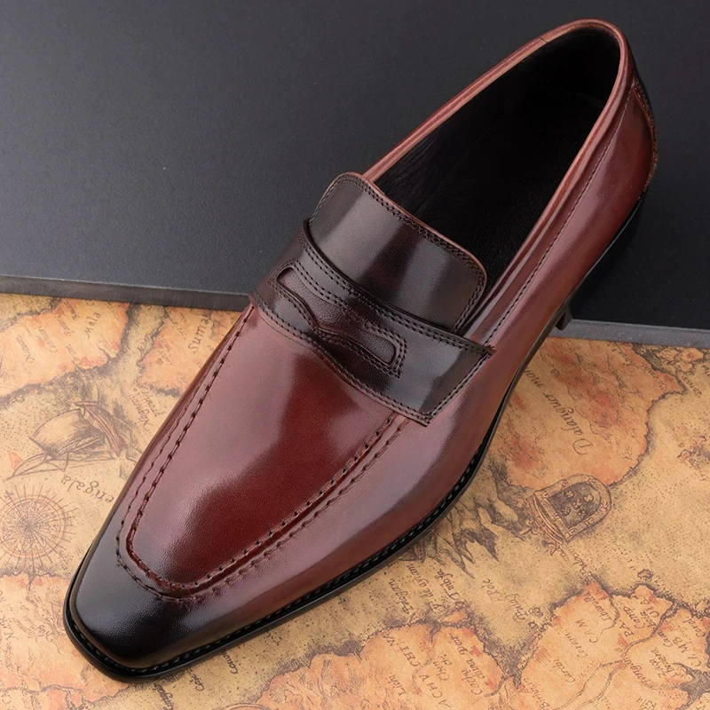 Leather Casual Men Shoes Genuine Cowhide Slip on Fashion Luxury Handmade Business Formal Dress OfficeShoe Wine Red