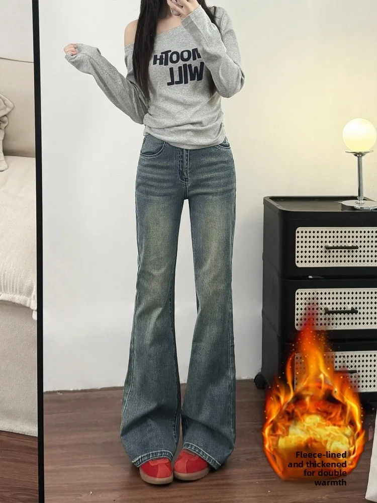 

plus Size Fce Lined Thiened Micro Flared Denim Jeans Women's High Waist Slimming Elastic Straight Leg Wide Leg Hoo...