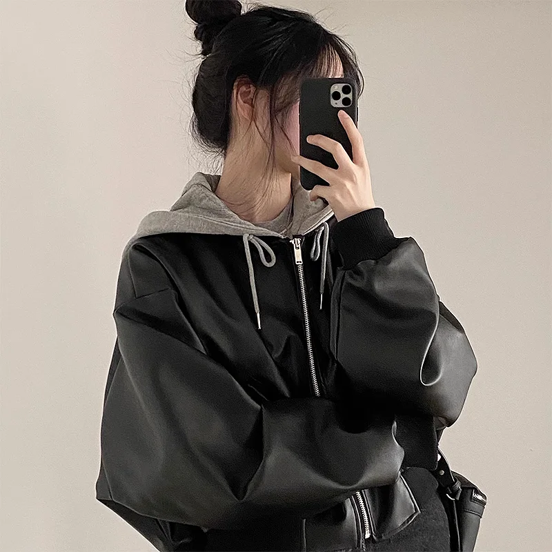Korean Style Hooded PU Leather Bomber Jacket Vintage Leatner Jacket for Women Loose Spring Autumn Coats Outerwears Women Clothes