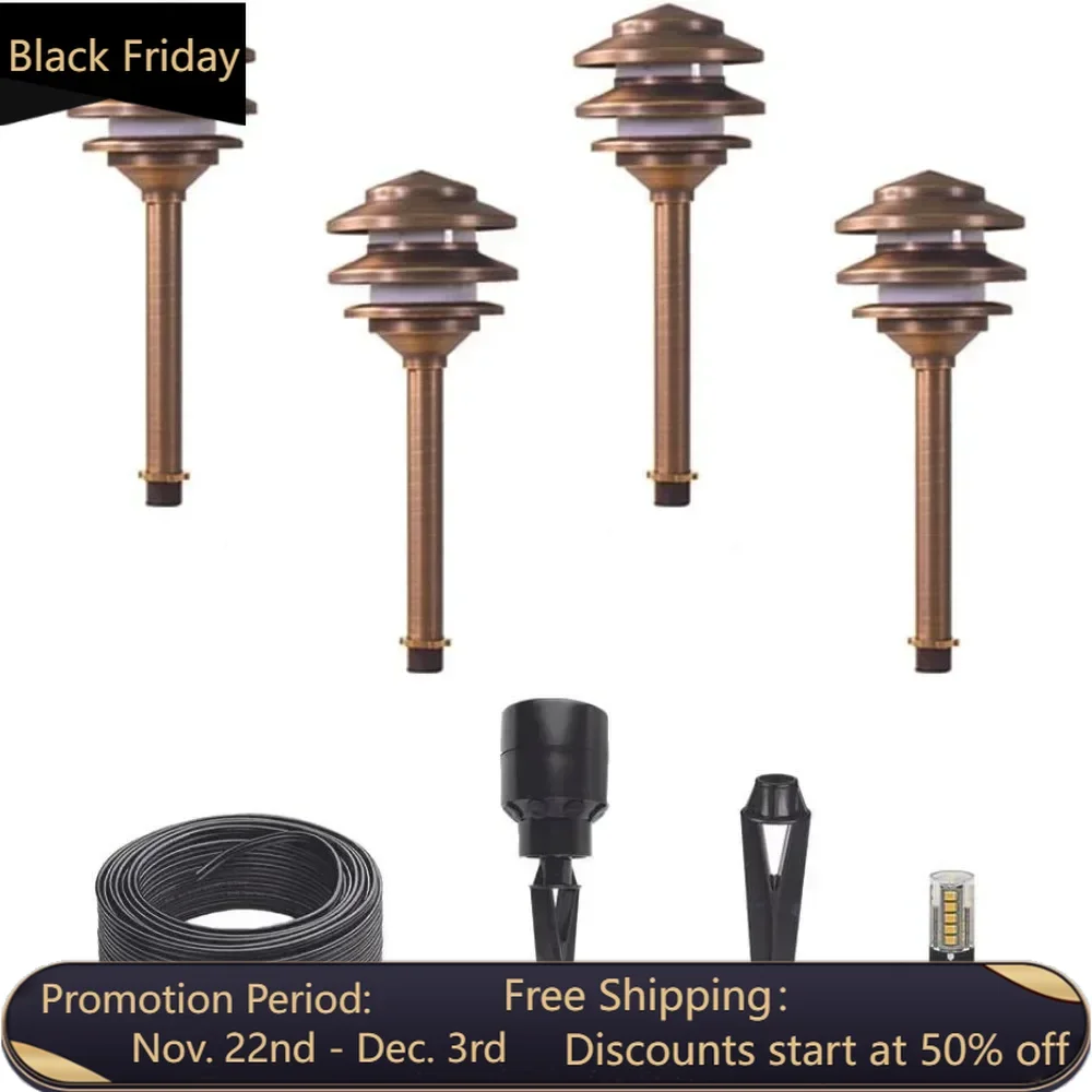 12V Brass Pagoda Path Light 4-Pack Kit (Bronze) with 3W 2700K G4 LED Bulbs low pressure