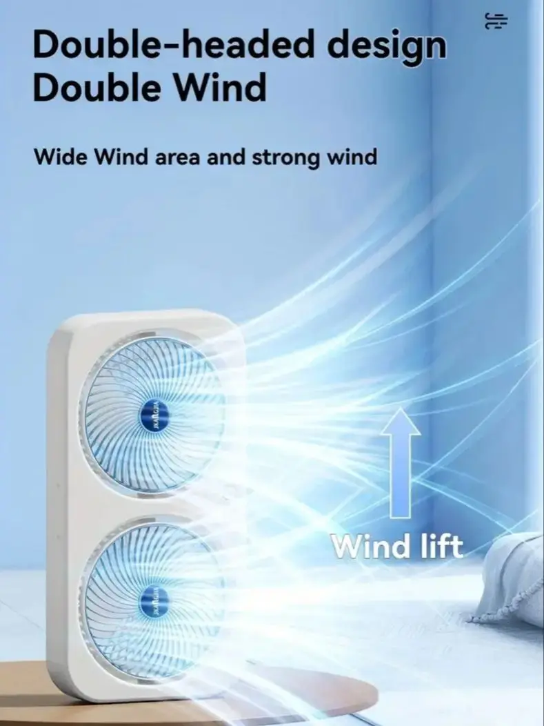 Doppelkopf-USB-Ventilator mit 360° Drehbaren Flügeln, Wandmontage oder Freistehend, Wiederaufladbarer Lüfter für Büro, Schlafzimmer, Outdoor und Camping