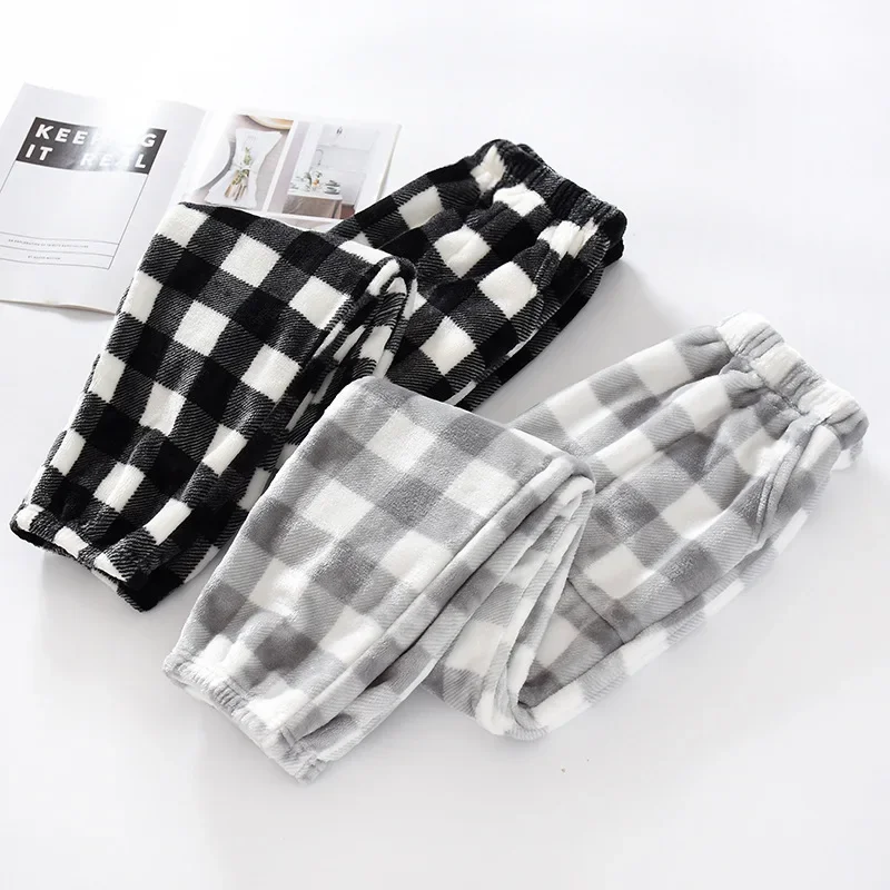 Autumn and Winter Super Warm Thickening Flannel Men's Women's Plaid Pants Black Grey Colors Matching Men Pajamas Trousers