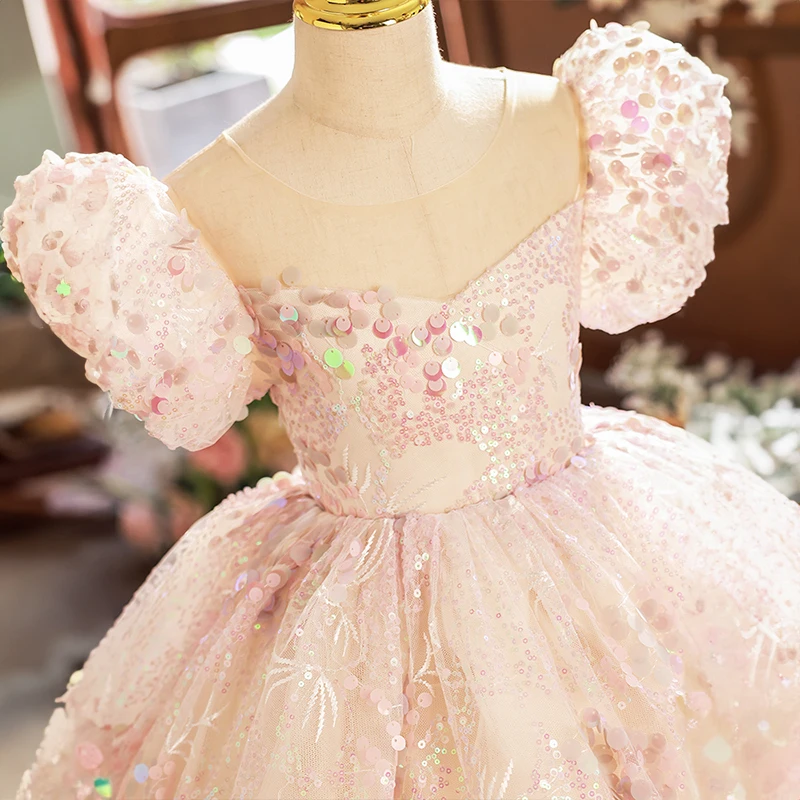 Flower Girl Champagne Pink Dresses for Wedding Bridesmaid Kids Formal Luxury Birthday Party Sequin Dress Long Evening Gown Child