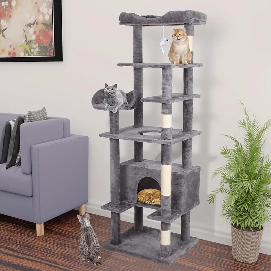 

71'' Velvet Cat Climbing Frame, Multi-Level Cats Tree Tower with Scratching Posts, Large Top Padded Perch and Playhouse, Anti-Ti