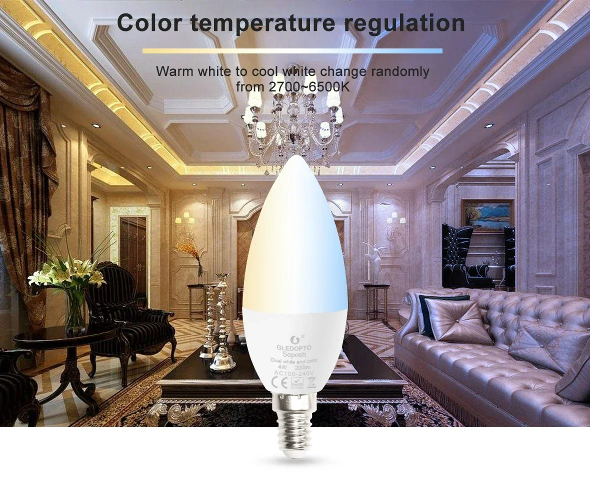 GLEDOPTO ZigBee  4W RGBCCT LED Candle Bulb CCT WWCW Brightness Adjustable  APP Voice Control Hub Required