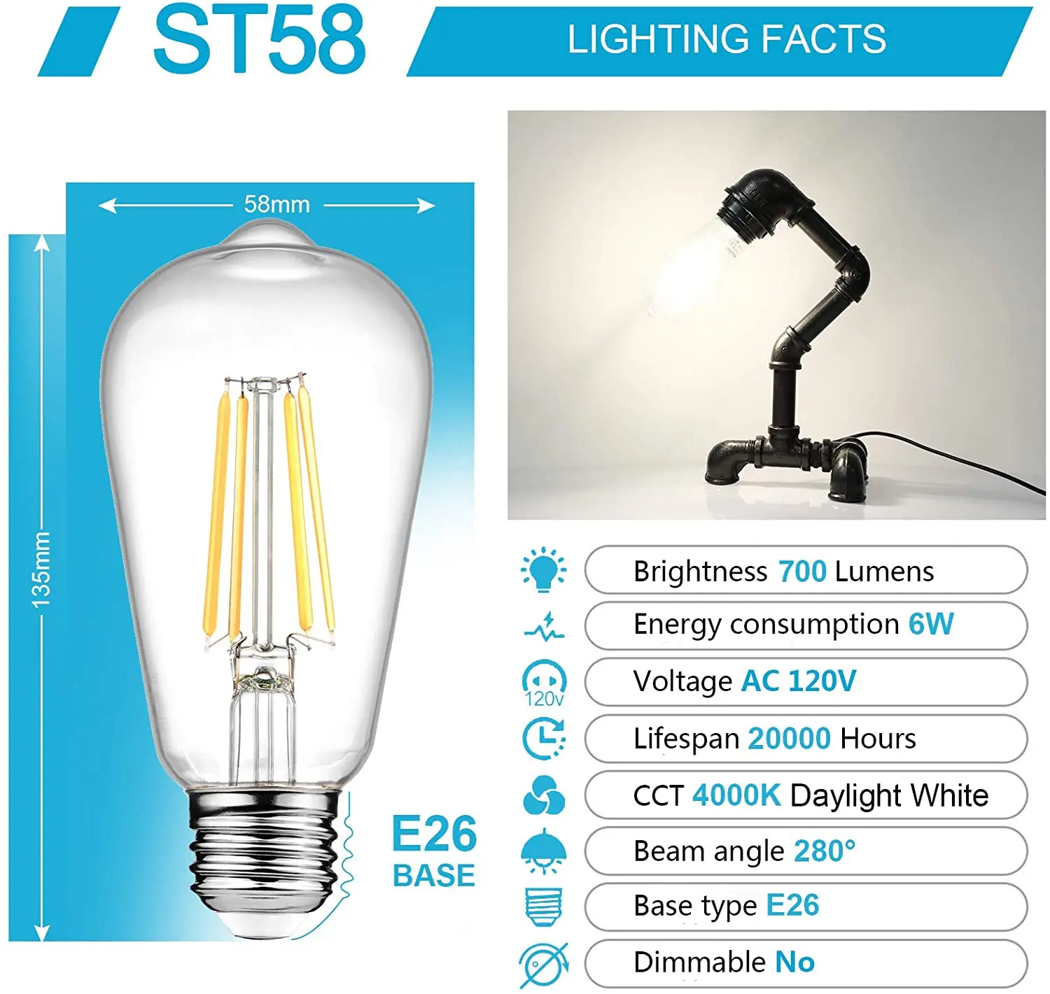 LED Edison Bulbs 6W  Equivalent 60W High Brightness  LED Filament Bulbs with 80+ CRI  E26 Medium Base 6PCs