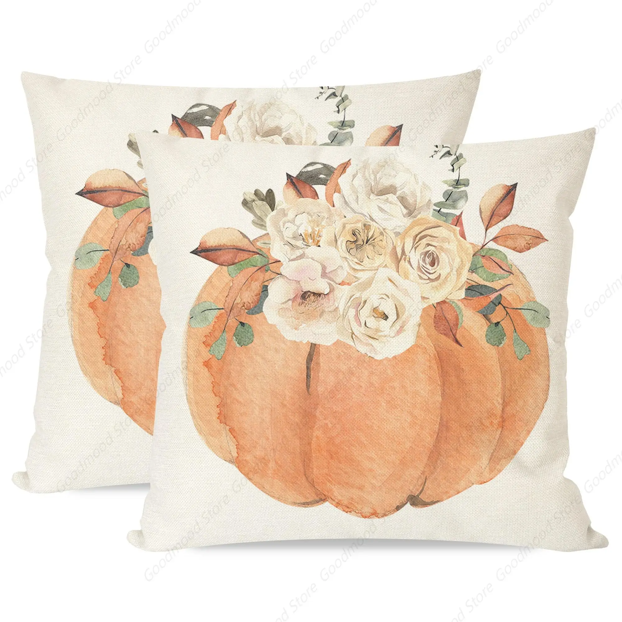 Fall Throw Pillow Covers 18x18 Inch Set of 2 Pastel Orange Pumpkin White Floral Outdoor Autumn Farmhouse Cottage Thanksgiving