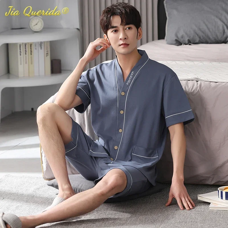 SUKAE Men Nightwear Home Clothing Summer Shorts Two Pieces Cotton Big Size 3xl 4xl Pajama V Neck Japanese Kimono Pjs Sleepwear