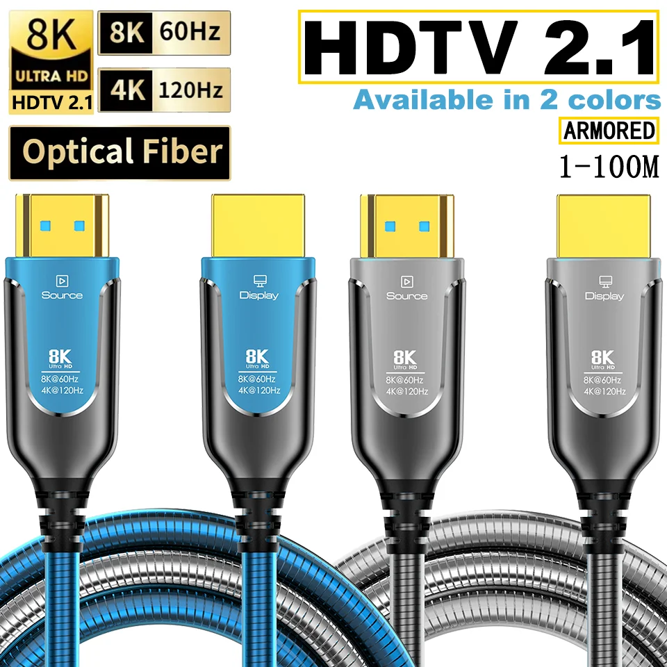 8K HDMI 2.1 Armored Fiber Optic Cable 5/10/20/30/50M 8K@60Hz 4K@120Hz 48Gbps HDR eARC For TV/Projector/PS5/Apple TV Home Theatre
