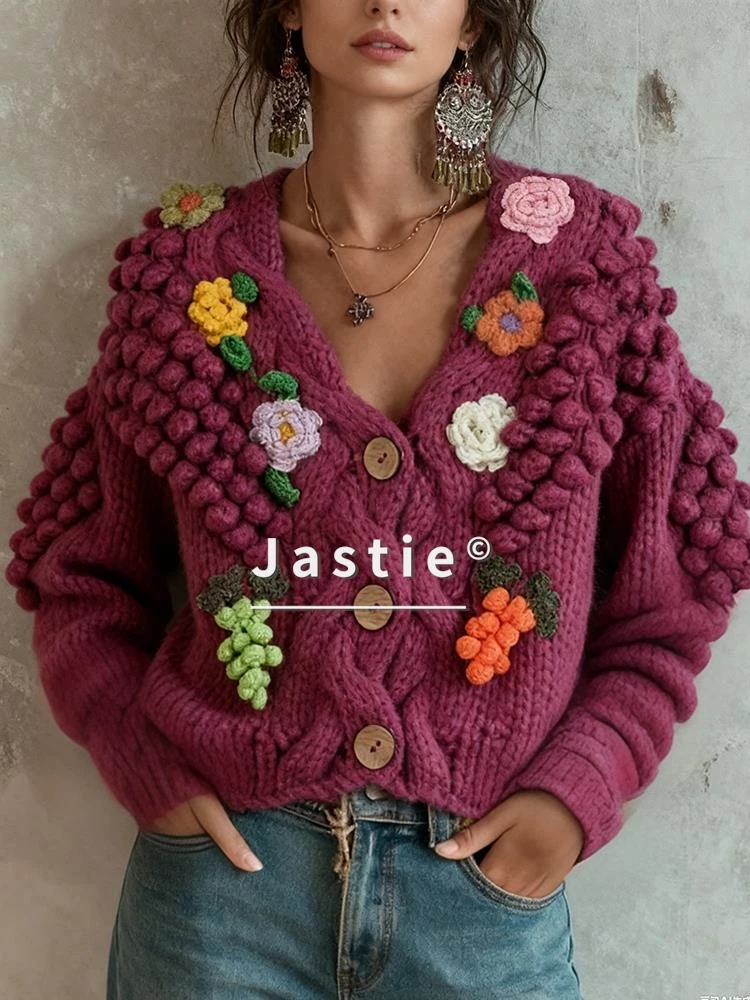 

Hand-crochet Chunky Cardigan Sweater Thick Warm Knitted 3D Ball Grape Motifs Vintage Bohemian Winter Sweater Coat