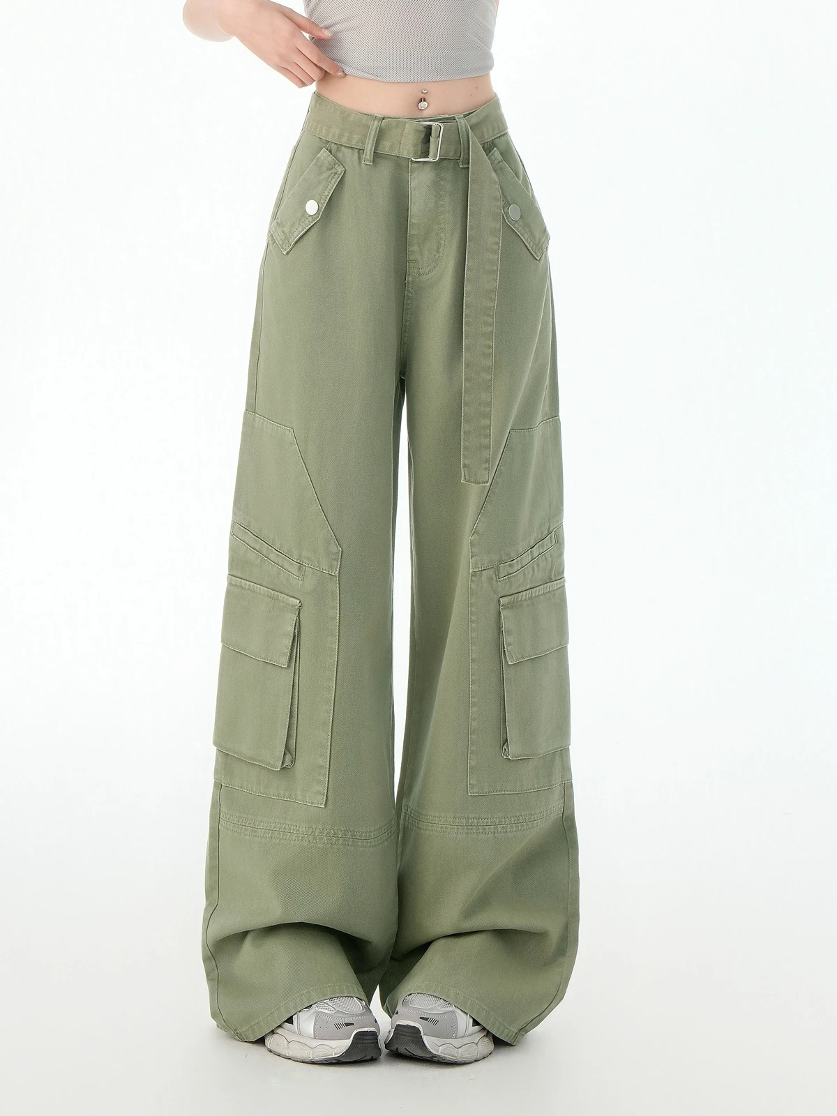 Zhisilao casual carga jeans feminino sólido verde bolso verde perna larga calças de carga reta verão 2025 streetwear