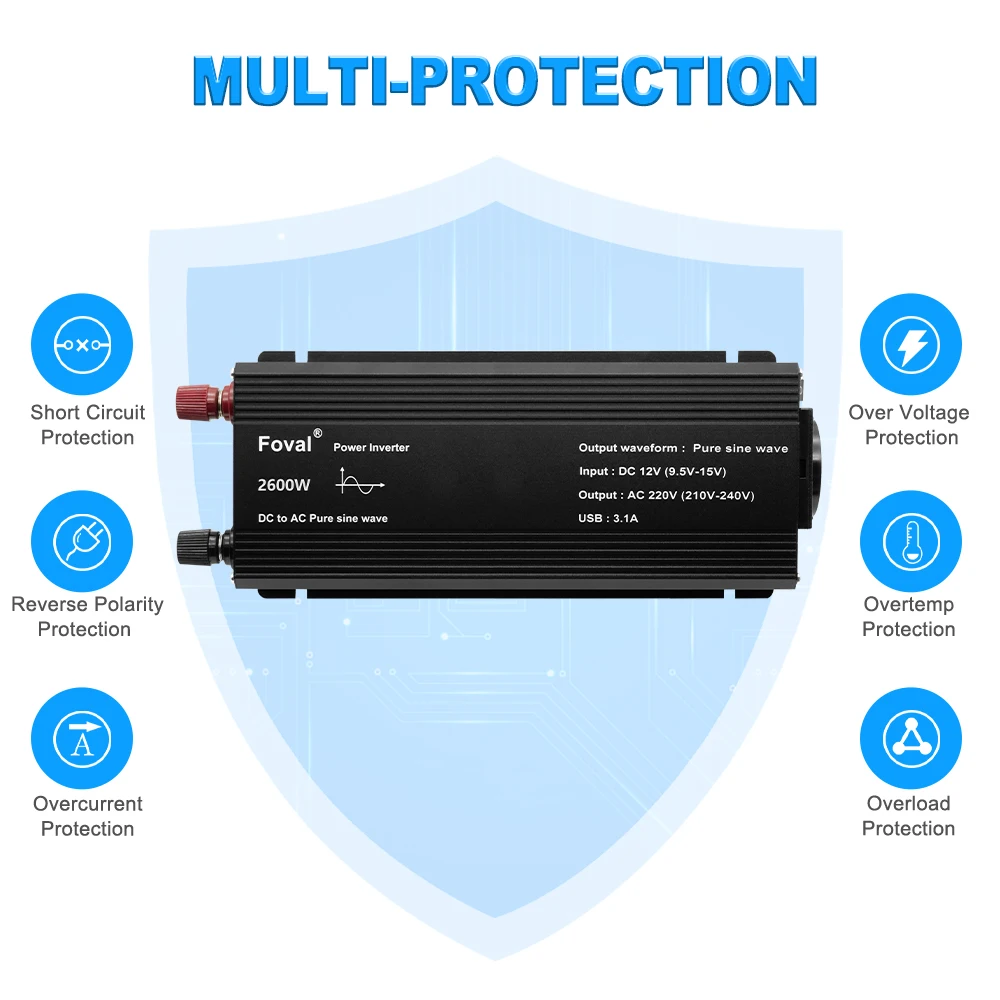 Pure Sine Wave Foval Inverter DC12V AC220V 2600W/1500W/2200W Car Inverter Home Power Supply Pure Sine Inversor EU Socket