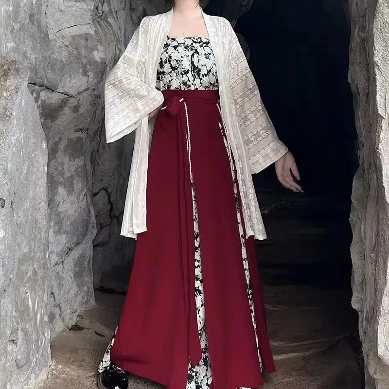 Hanfu زي المرأة الصينية خمر الأحمر والأسود سترة بروتيل تنورة Hanfu 3 قطعة الدعاوى تأثيري حلي حفلة الزي حجم كبير