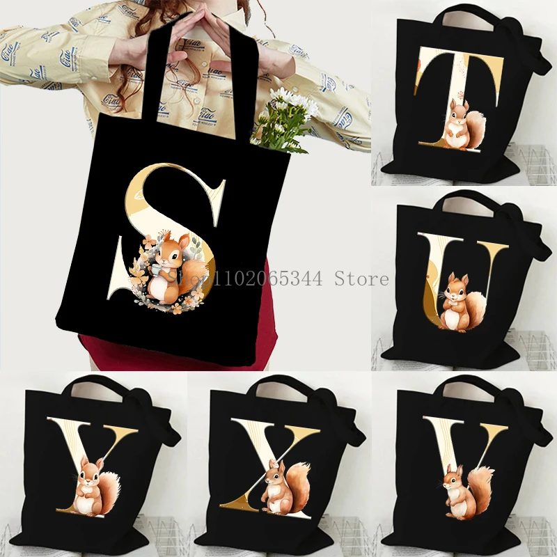 26 Golden Alphabet Squirrel Tote Bags for Women Large Capacity Canvas Casual Cartoon Letters Printed Female Reusable Handbag