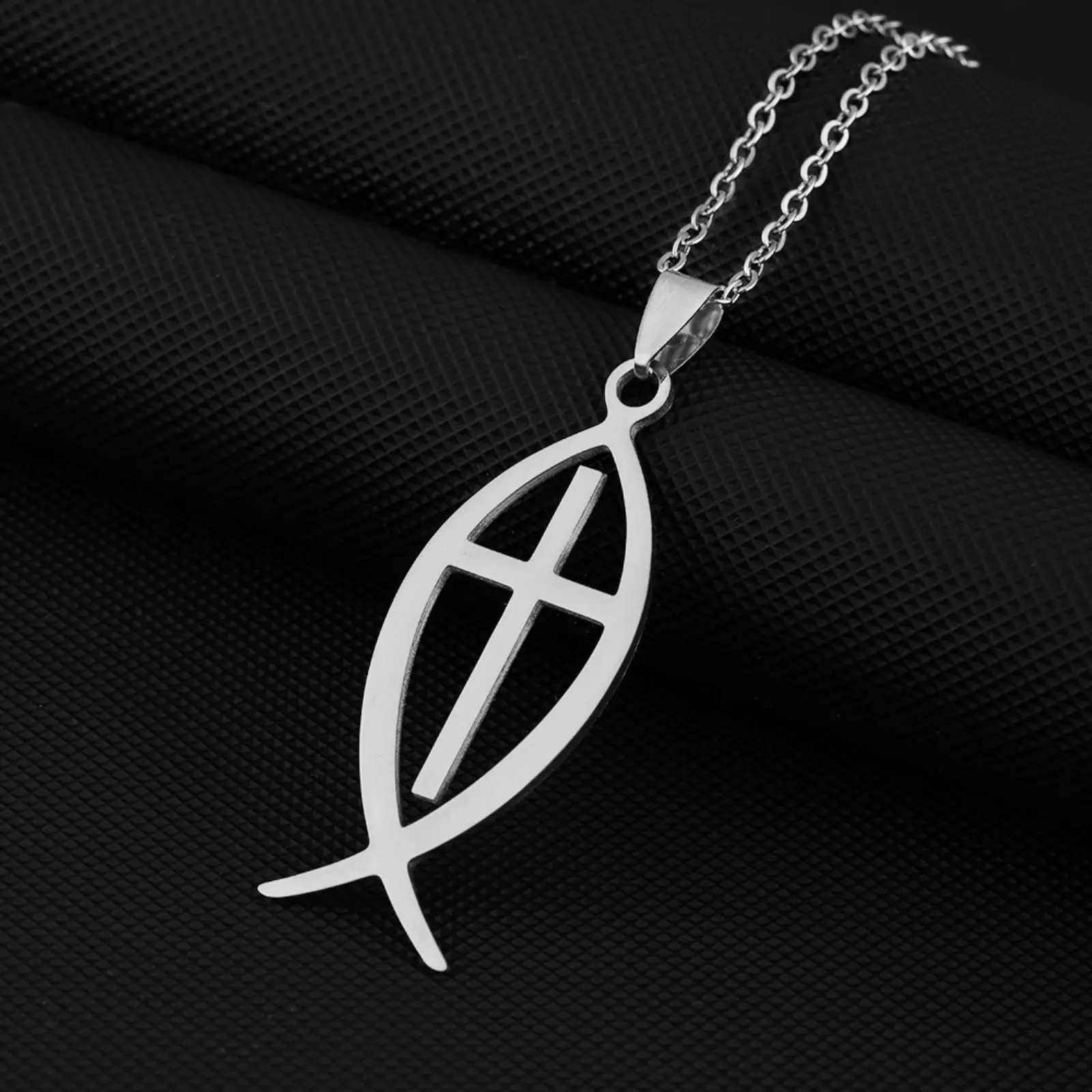 Ichthys Fisch-Kreuz-Halskette, Jesus-Fisch-Symbol-Anhänger, Edelstahlschmuck, Geschenk für Männer und Frauen – Detail 4