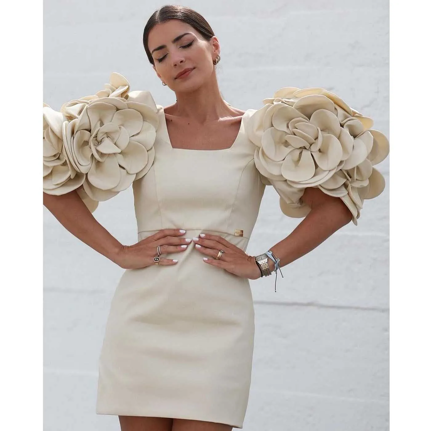 Fashion 3D Flower Prom Mini Dress Short Sleeves Sheath Big Tiered Floral Short Formal Party Dresses فساتين سهرة Custom Made