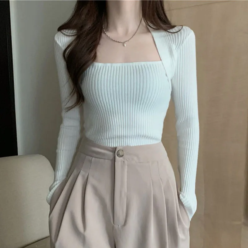 

Knitwears Knitted Sweater Women Pullovers New Long Sleeve Square Collar Knit Sweater Pullover Women Tops White Sweaters Q3390