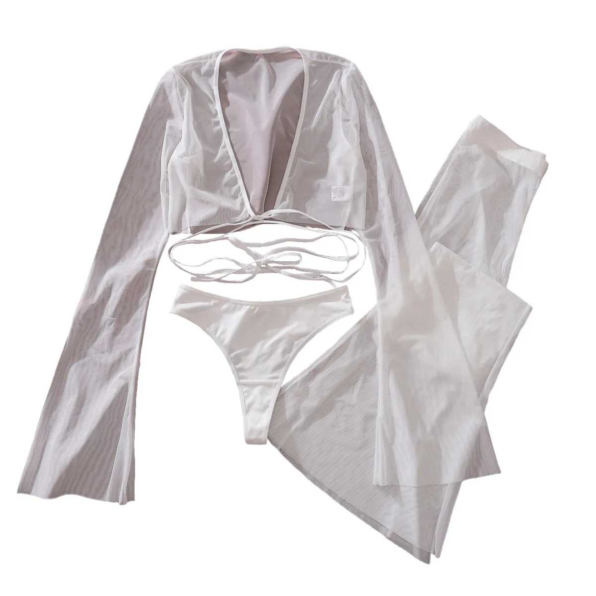 White Women's Sexy Romantic Suit Comfortable See-through Mesh Long Pants Set Shaping Sexy and Pure Desire Smock Sexy Suit