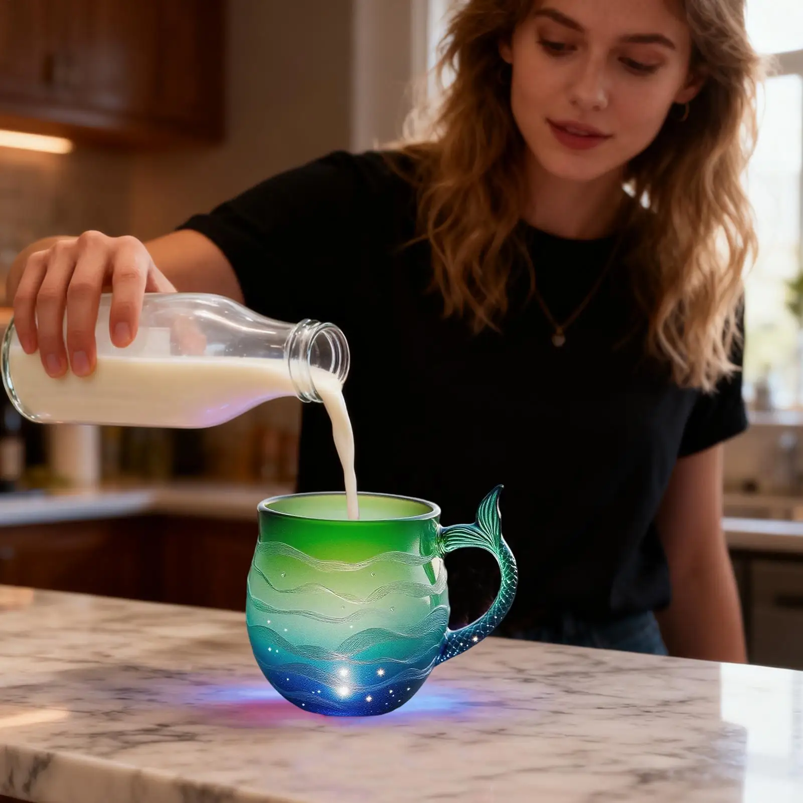 أكواب القهوة الزجاجية مقبض ذيل حورية البحر موجة البحر أكواب القهوة الزجاجية كوب الشاي للمشروبات الباردة الساخنة عصير الماء الحليب ديكور المنزل #3