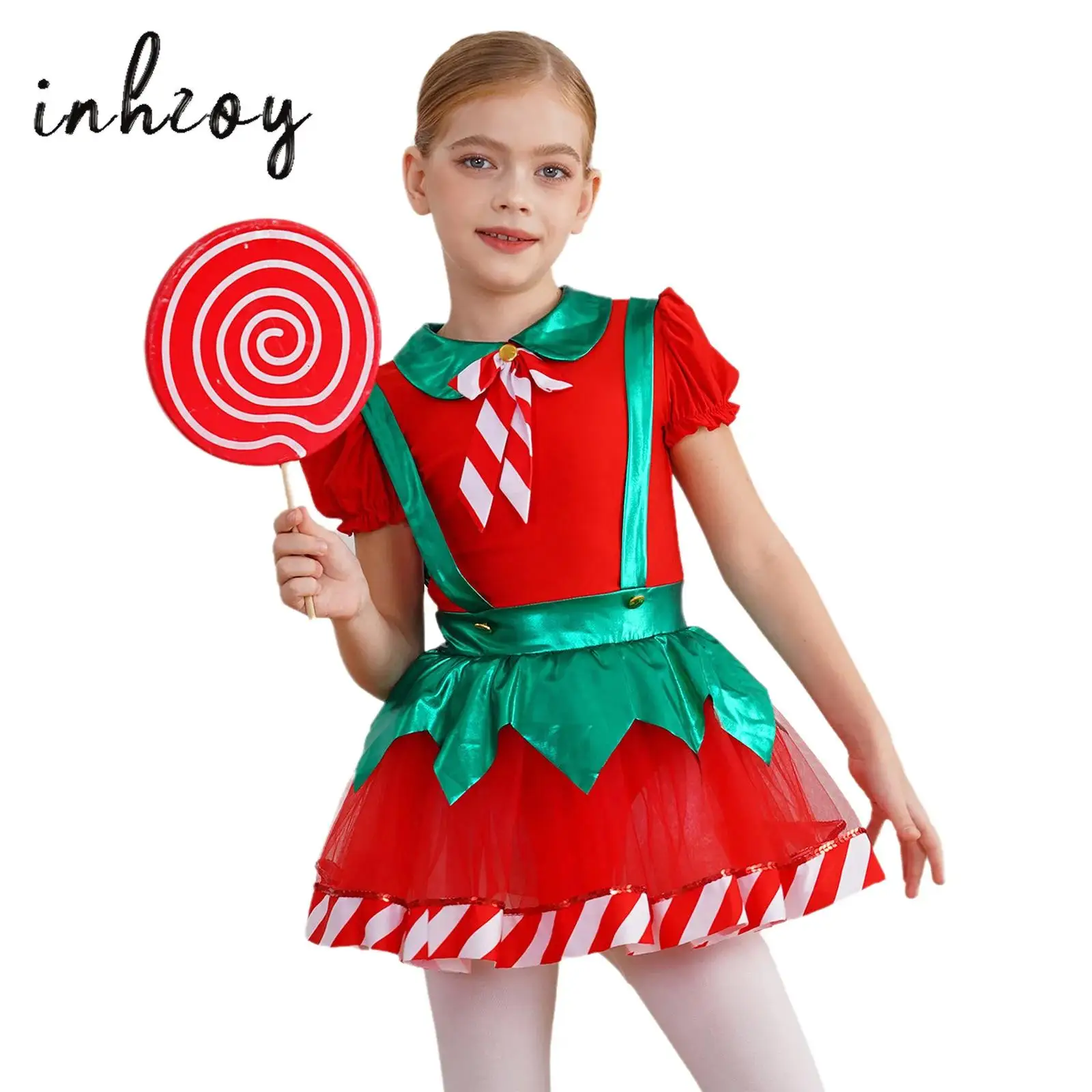 

Girl's Christmas Dress Puff Sleeve Suspender Hollow Back Bow Stripes Tutu Dress Ballet Dance Leotard Dress for Xmas Party Dress