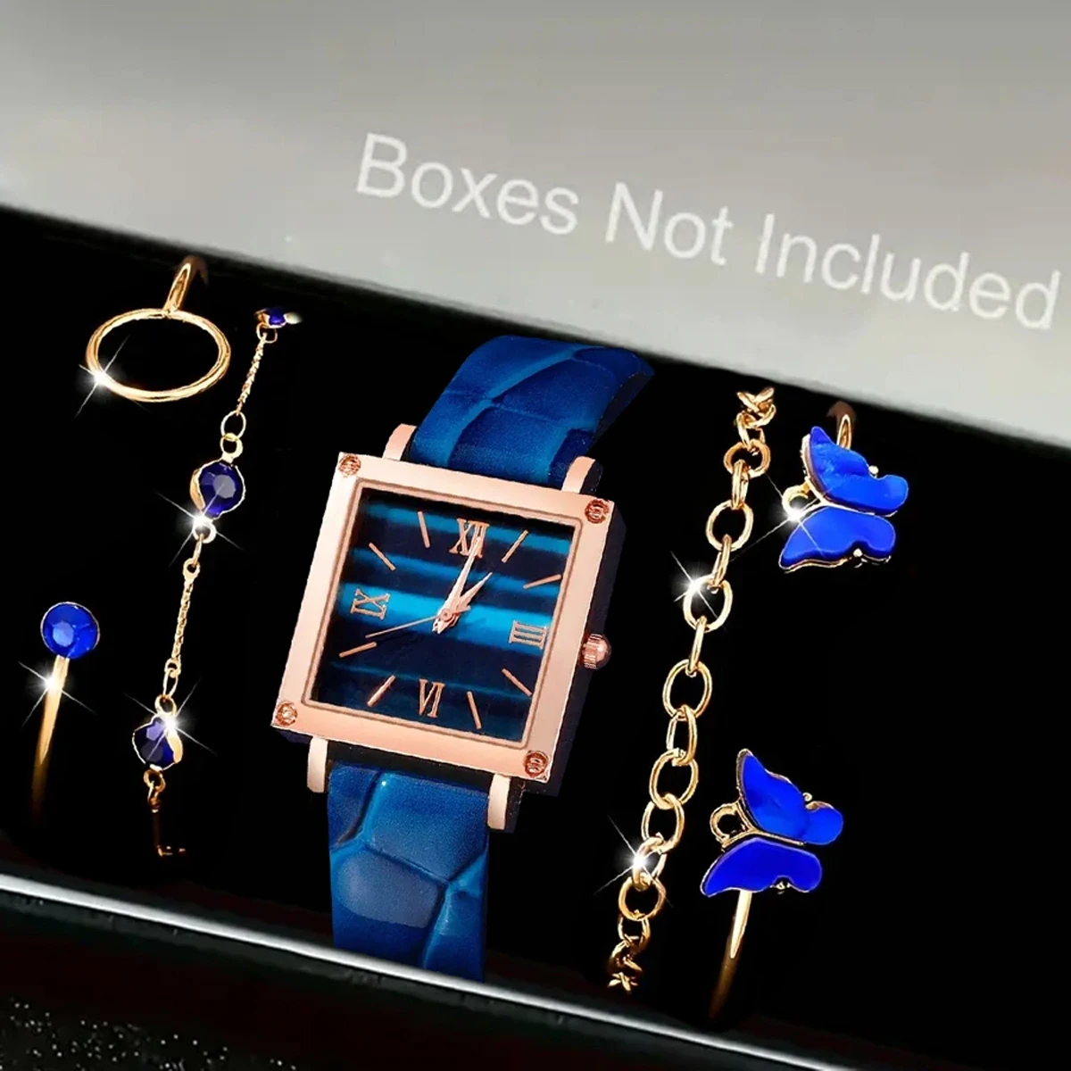 5 قطعة/المجموعة ساعات نسائية موضة ساحة حلقة من جلد كوارتز ساعة حجر الراين طقم مجوهرات (بدون صندوق) #1