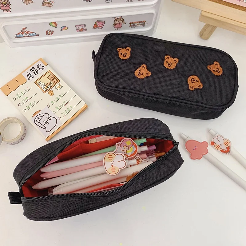 

Large Capacity Teddy Bear Embroidered Canvas Pencil Case Black Multifunctional Anti Fouling Student Office Stationery Storage