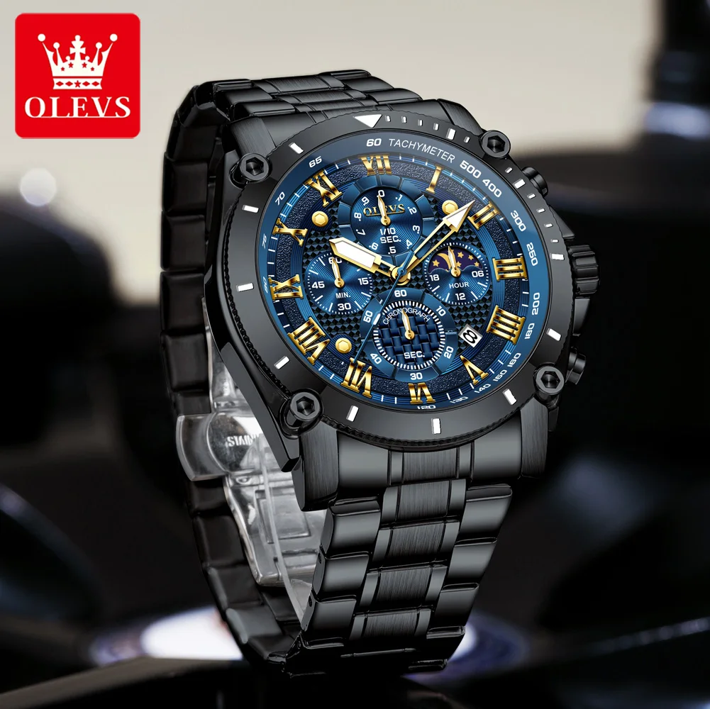 OLEVS 3689 Men Watch Luxury Brand Quartz Watch Classic Large Dial Moon Phase Chronograph Waterproof Watch Original Men Watch