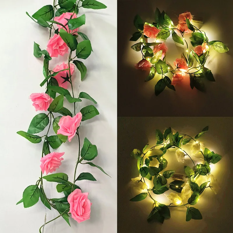 Artificial Pink Rose Vine with 20 LED String Lights Spring Summer Hanging vines Light for Wedding Party Garden Home Table decor