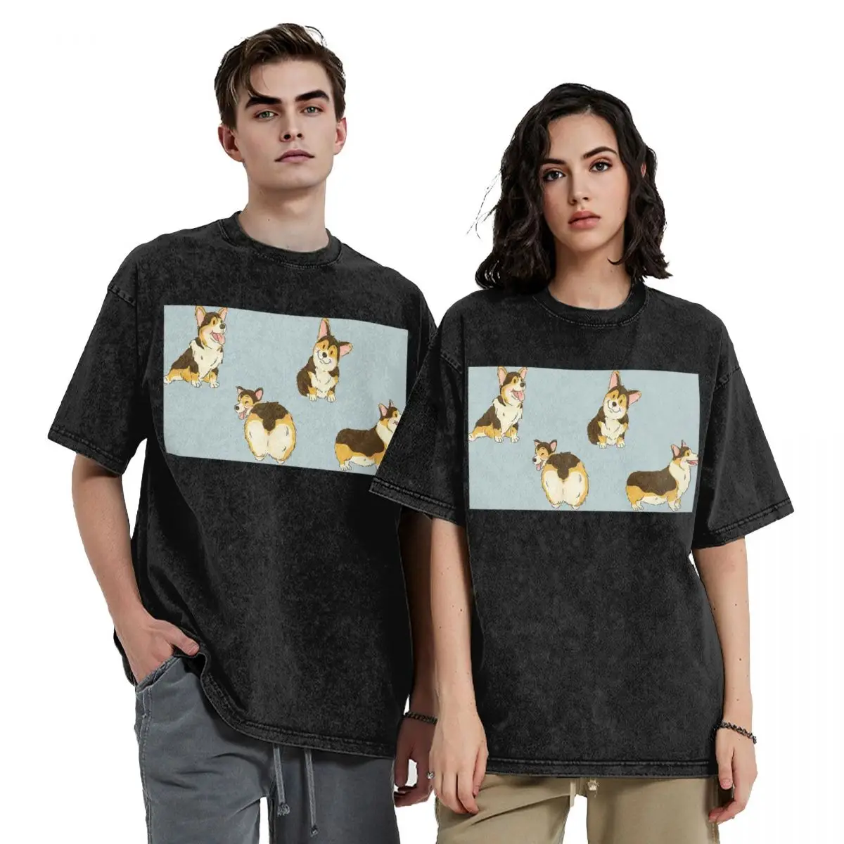 Tri Color Corgi Dog Washed T Shirts Vintage Short Sleeve Hip Hop T-Shirt Streetwear Tops Tees for Men Women