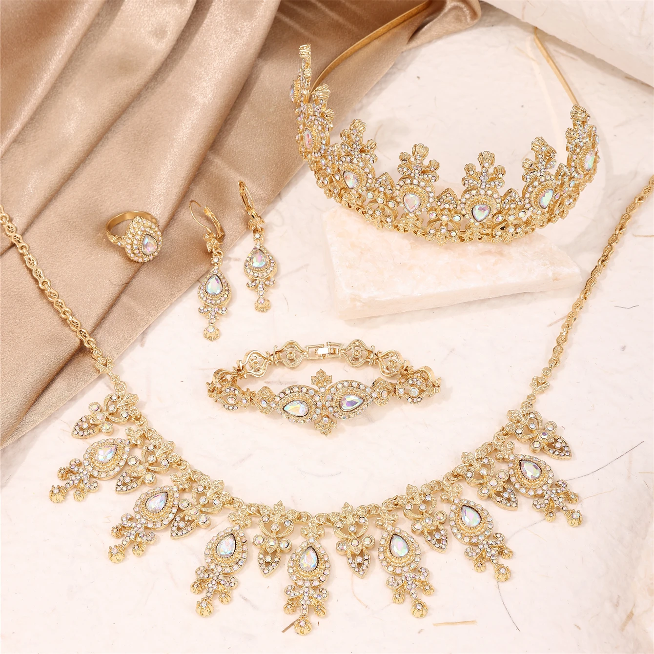 Luxury Wedding All-Crystal Set Women's Inlaid Water Drop Rhinestone Robe Crown Earrings Necklace Ring Bracelet Jewelry Set