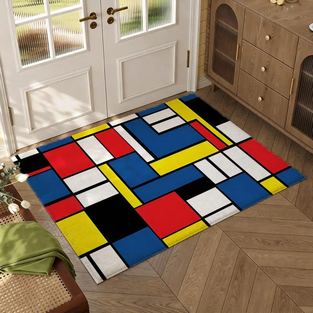Soft Flannel Geometric Door Mat Non Slip Thick Piet Mondrian Rug for Living Room Home Decoration