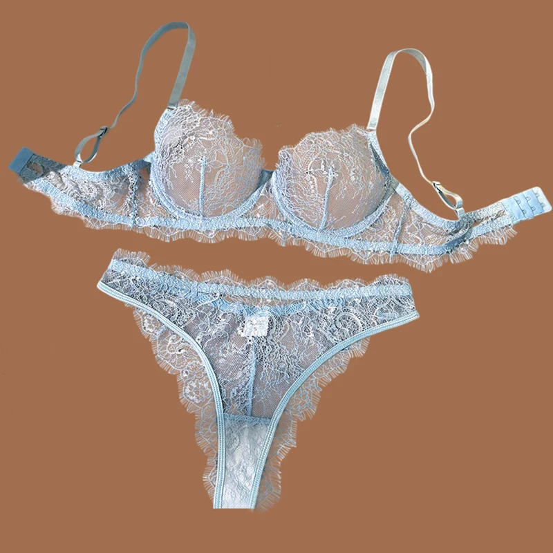 

Women's Light Blue Lace Lingerie Set Floral Eyelash Lace Bra&Panty Underwire Transparent Underwear Intimate 2pcs Sexy Lingerie