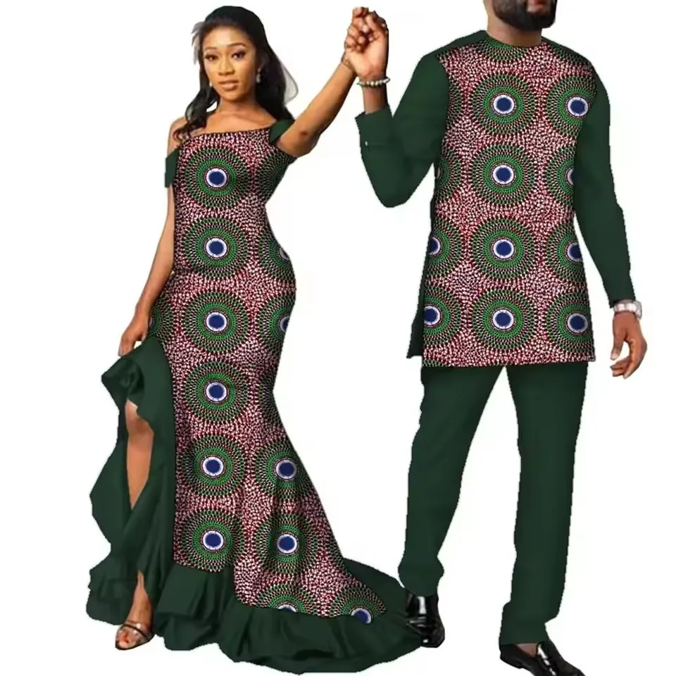 

African Dresses For Couples Traditional Bazin Dress Floor Length Dress Couple Design Dashiki Suit African Clothes Lovers Outfits